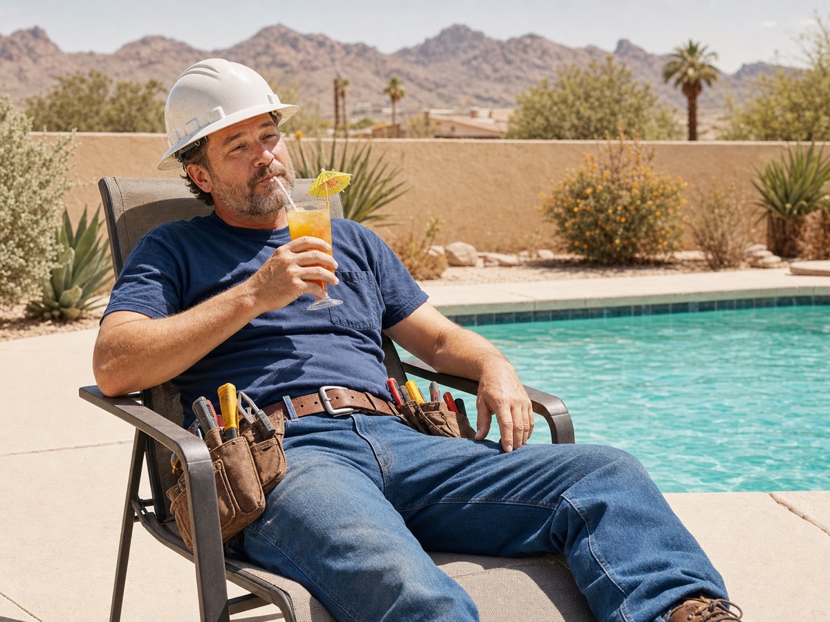 A contractor in a hard hat and tool belt relaxing beside a pool with a cocktail, on a hot Arizona afternoon